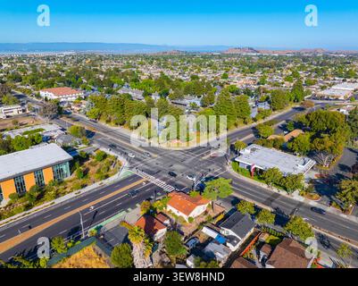 Vista aerea delle residenze storiche nel centro di Newark, California CA, Stati Uniti. Foto Stock