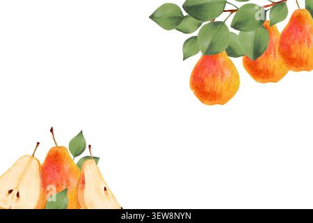 Telaio orizzontale in pere. Pere gialle intere e fette con foglie. Illustrazione botanica acquerello. Disegno isolato disegnato a mano. Modello per a. Foto Stock