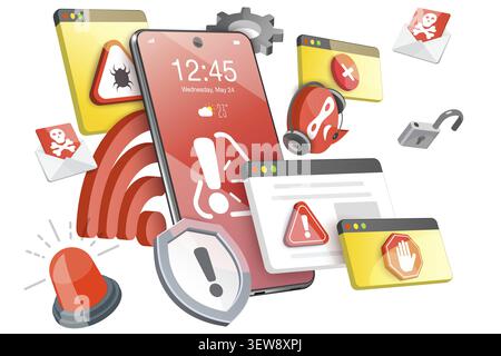 Illustrazione concettuale 3D di frodi mobili, sicurezza di rete e Internet Foto Stock