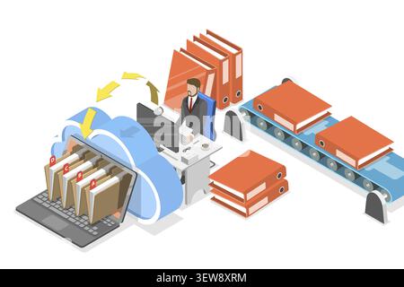 Illustrazione concettuale piatta isometrica 3D dei servizi di immissione dati, archiviazione cloud online Foto Stock