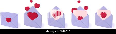 Biglietto d'amore spedito per posta come regalo di San Valentino o della festa della mamma o saluto. Biglietto a forma di cuore rosso in 3D in busta di carta aperta. Regalo di compleanno o invito di nozze Illustrazione Vettoriale