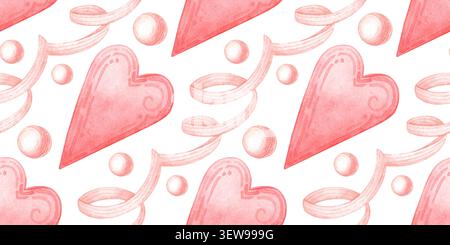 Motivo a cuore rosa senza cuciture con nastri e perle isolate dallo sfondo. Design romantico ad acquerello per biglietti di San Valentino, confezione regalo, tessuto, Foto Stock
