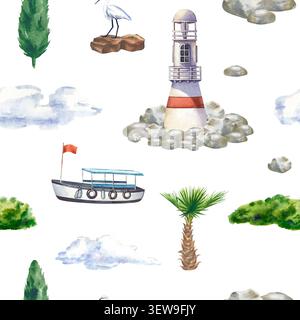 Un motivo ad acquerello senza cuciture disegnato a mano con elementi nautici e costieri isolati su sfondo bianco. Il design di questa vacanza estiva include un Foto Stock