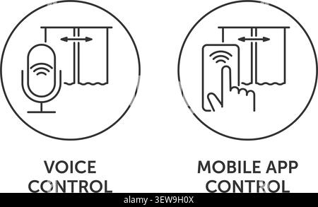 Icone delle tende intelligenti impostate per l'etichettatura - controllo mobile e controllo vocale. Pittogrammi in linea sottile Illustrazione Vettoriale