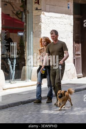 Lviv, Ucraina - 24 maggio 2026: Un uomo e una donna passeggiano con un cane lungo una strada di ciottoli a Lviv in Ucraina mentre tengono tazze di caffè e si muovono attraverso il Foto Stock