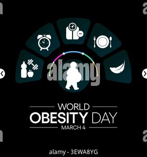 La giornata mondiale dell'obesità si celebra ogni anno il 4 marzo, al fine di promuovere soluzioni pratiche per porre fine alla crisi globale dell'obesità. Illustrazione vettoriale Illustrazione Vettoriale