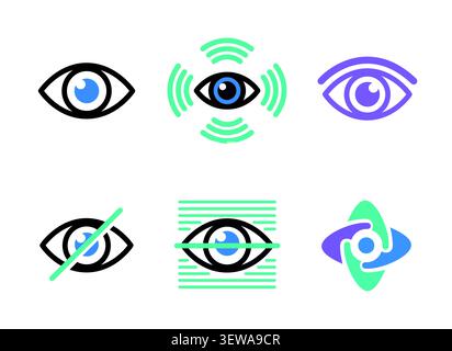 Set di icone degli occhi con vettore di simboli di visione, visibilità, privacy e sorveglianza Illustrazione Vettoriale
