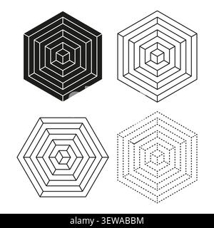 Insieme di vettori neri con funzione cubo isometrico a rettangolo esagonale. Questa struttura geometrica visualizza le dimensioni matematiche e scientifiche. eps 10 Illustrazione Vettoriale
