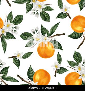 Motivo senza cuciture di frutti arancioni vibranti con foglie verdi lussureggianti e delicati fiori bianchi sui rami che creano un fresco design botanico estivo. Foto Stock