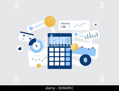 Influenzate il budget di marketing con partnership per i creator, pianificazione delle campagne e analisi del pubblico. Performance dei social media, monitoraggio del ROI e illustrazione vettoriale della strategia di marketing. Illustrazione Vettoriale