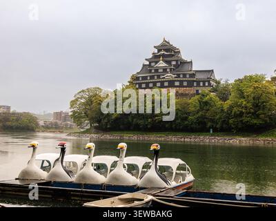 Pedalo a tema gru corona rossa attendono sul calmo fiume Asahi davanti all'imponente torrione nero del castello di Okayama Foto Stock