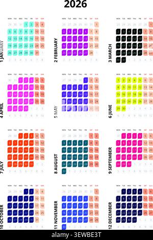 Griglia verticale 3x4 inglese 2026 forme lineari minime Year Planner Modern Abstract Geometric Grid (compatibile con 2037 e 2043). Illustrazione Vettoriale