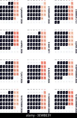 English 2026 Vertical 3x4 Grid Monochrome Geometric Abstract Grid Minimalist Annual Wall Sheet (compatibile con 2037 e 2043). Illustrazione Vettoriale