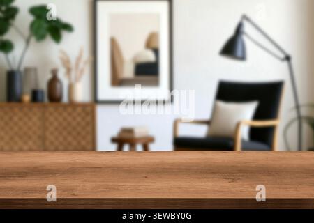 Piano di legno vuoto con uno sfondo sfocato di un soggiorno moderno che mostra un divano accogliente, una poltrona e una decorazione elegante per lo spazio di lavoro. Foto Stock