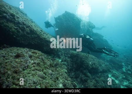 Due subacquei che esplorano le barriere coralline nel Mar Mediterraneo Foto Stock
