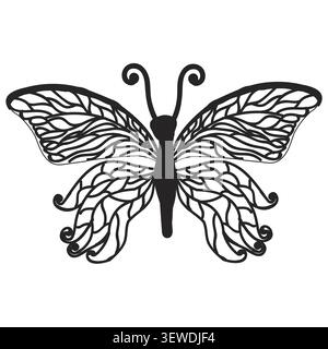 Farfalla in stile tatuaggio bianco e nero. Illustrazione vettoriale isolata su sfondo bianco. Illustrazione Vettoriale