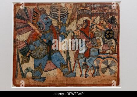 Amsterdam, Paesi Bassi - 15 aprile 25: Colorato dipinto in miniatura indiano che raffigura una scena mitologica di battaglia, fotografato al Rijksmuseum di Amste Foto Stock