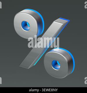 Illustrazione 3D: Simbolo della percentuale di metallo lucido con retroilluminazione al neon blu, isolato su sfondo scuro. Design moderno per il settore finanziario, aziendale, discoteca Foto Stock