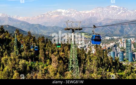 Le funivie del Teleferico Santiago scivolano sul Parco metropolitano di Santiago con le montagne delle Ande e lo skyline della città in lontananza. Foto Stock