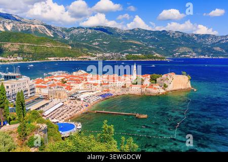 Budva, Montenegro. Vista panoramica della città vecchia. Foto Stock