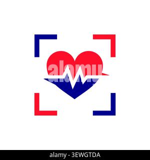 Un logo sanitario creativo che combina una silhouette a cuore rossa e blu con una curva della linea di vita pulsata EKG all'interno della cornice di destinazione del mirino della fotocamera. Illustrazione Vettoriale