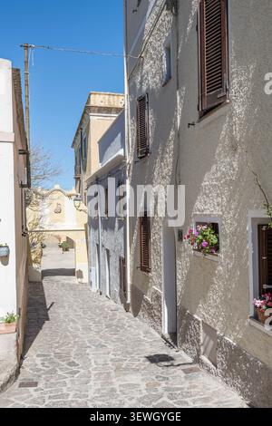Paesaggio urbano con vecchie case tradizionali su uno stretto vicolo fuori dal bastione del castello presso il villaggio storico sulla riva del Mediterraneo, fotografato in primavera brillante Foto Stock