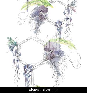 Striscione senza cuciture di glicine in fiore che si arrampicano su trellisi esagonali in legno, farfalle. Linea a matita disegnata a mano, macchie d'acquerello soffice. Sito Web Foto Stock