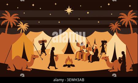 I tre saggi si accamparono nel deserto sotto la Stella di Betlemme illustrazione biblica con cammelli tende e fuoco in un vettore stellato della scena notturna Illustrazione Vettoriale