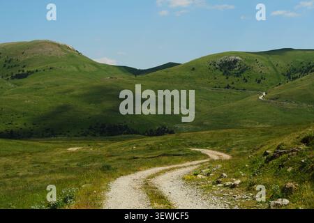 Un'ampia foto panoramica di una tortuosa strada sterrata di ghiaia che si snoda attraverso colline verdi e ondulate e prati alpini sotto un cielo azzurro limpido su un sole luminoso Foto Stock