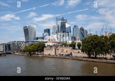 Vista dello skyline di Londra con il fiume Tamigi visto dal Tower Bridge, con il gruppo di edifici per uffici e grattacieli della città di londra e la torre di londra Foto Stock