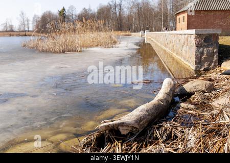 Primo piano di un vecchio tronco di alberi intempestivo che giace sulla riva, vicino a un lago parzialmente ghiacciato con un muro di pietra e una casa in mattoni sullo sfondo. Foto Stock