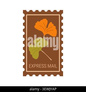 Francobollo rettangolare con foglie vettoriali autunnali di ginkgo biloba Illustrazione Vettoriale
