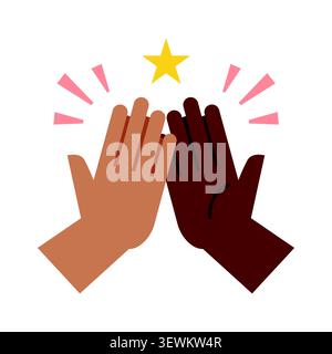 Illustrazione minimalista a vettore piatto di due mani diverse che eseguono cinque gesti alti sotto una stella d'oro, simboleggiando il lavoro di squadra e il successo. Illustrazione Vettoriale