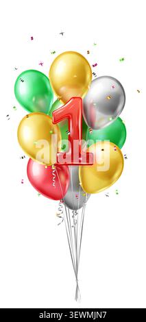 Un vivace bouquet di palloncini colorati che formano il numero uno, perfetto per compleanni o celebrazioni. Illustrazione Vettoriale