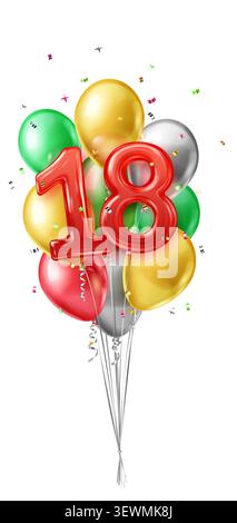 Un vivace bouquet di palloncini colorati che formano il numero 18, perfetto per le celebrazioni di compleanno. Illustrazione Vettoriale