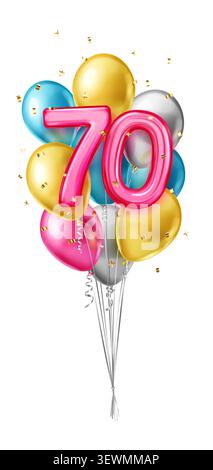 Un vivace bouquet di palloncini colorati che formano il numero 70, perfetto per compleanni o celebrazioni. Illustrazione Vettoriale
