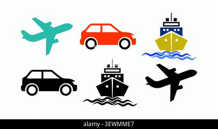 Set di colorate icone dei trasporti, tra cui aeroplani, auto e navi Illustrazione Vettoriale