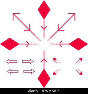 Simbolo freccia rosso simile a un fiocco di neve con direzioni di espansione e icone di navigazione Illustrazione Vettoriale