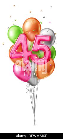 Un vivace bouquet di palloncini colorati che formano il numero 45, perfetto per le celebrazioni di compleanno. Illustrazione Vettoriale