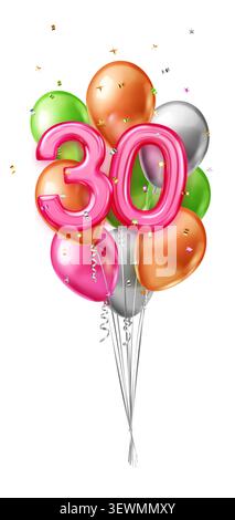 Un vivace bouquet di palloncini colorati che formano il numero 30, perfetto per le celebrazioni di compleanno. Illustrazione Vettoriale
