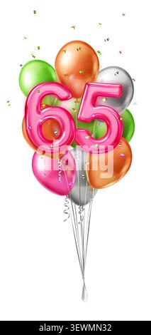 Un vivace bouquet di palloncini colorati che formano il numero 65, perfetto per le celebrazioni di compleanno. Illustrazione Vettoriale
