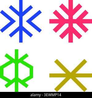 Collezione di quattro icone astratte geometriche di fiocchi di neve in vari colori Illustrazione Vettoriale