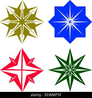 Set di quattro simboli grafici a stella e rosa bussola colorati con risorsa grafica Illustrazione Vettoriale