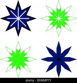 Quattro stelle astratte e fiocchi di neve in blu e verde con backgroun bianco Illustrazione Vettoriale