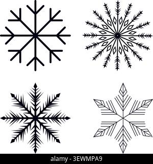 Quattro grafiche blu scuro con fiocco di neve in una griglia con contorno fiocco di neve e icona di ghiaccio Illustrazione Vettoriale