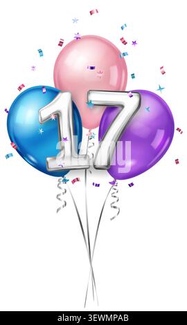 Una vivace illustrazione con tre palloncini colorati con il numero 17 ben esposto in argento, circondato da coriandoli festosi. Illustrazione Vettoriale