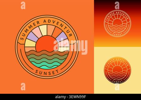 Summer Adventur Sunset Ocean Waves Badge, perfetto per vacanze e viaggi a tema Illustrazione Vettoriale