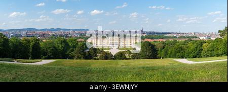 Vista panoramica del maestoso Palazzo Schonbrunn a Vienna, circondato da vivaci giardini e da un vasto paesaggio urbano sotto un luminoso cielo estivo. Foto Stock