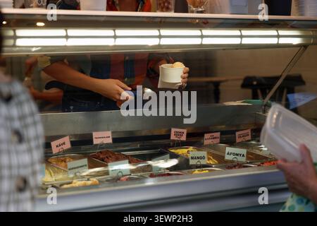 Ampia varietà di gelati esposti in una pasticceria di Budapest, Ungheria Foto Stock