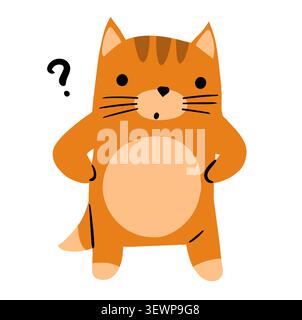 Illustrazione vettoriale del gatto dello zenzero divertente con punto interrogativo che mostra curiosità e confusione. Carino personaggio animato isolato su sfondo bianco in Illustrazione Vettoriale